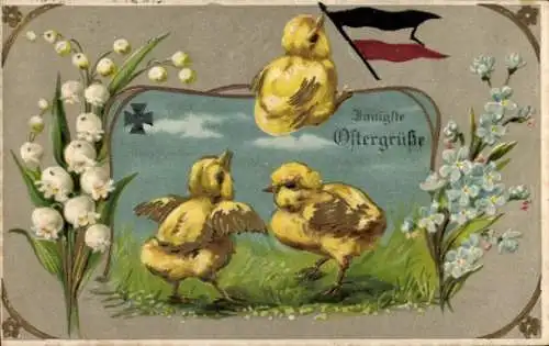 Präge Ak Glückwunsch Ostern, Küken, Maiglöckchen, Fahne, Vergissmeinnicht