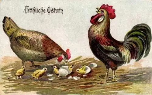 Präge Ak Glückwunsch Ostern, Henne, Hahn, Küken