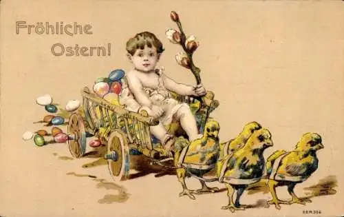 Ak Glückwunsch Ostern, Ostereier, Fuhrwerk, Kind, Weidenkätzchen, Küken