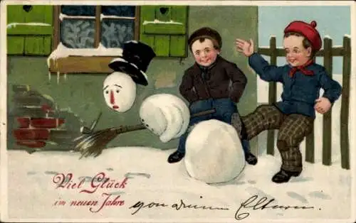 Präge Litho Glückwunsch Neujahr, Jungen treten Schneemann um