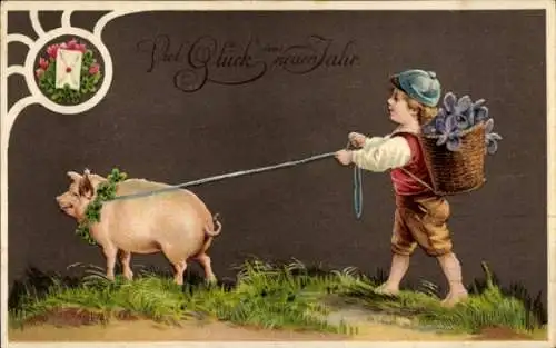Ak Glückwunsch Neujahr, Junge, Blumen, Schwein