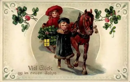 Ak Glückwunsch Neujahr, Pferdeschlitten, Kleeblätter, Laterne