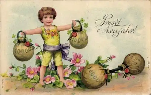 Präge Ak Glückwunsch Neujahr, Kind mit Geldsäcken, Blumen, Glücksklee