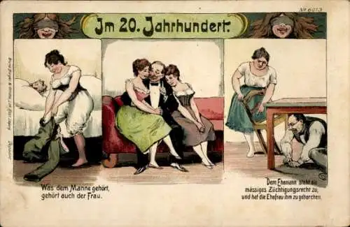 Litho Im 20. Jahrhundert, Was dem Manne gehört, gehört auch der Frau, Hosen, Züchtigungsrecht