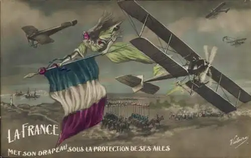 Künstler Ak La France, Drapeau, Sous la Protection de ses Ailes, Avions
