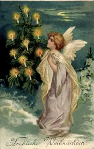 Präge Ak Frohe Weihnachten, Engel, Tannenbaum mit Kerzen