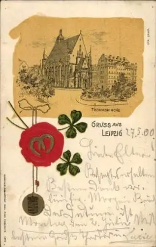 Präge Litho Leipzig, Thomaskirche, Siegel, Hufeisen, Kleeblätter