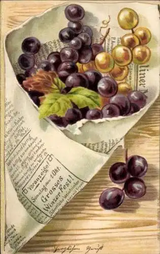 Präge Litho Stillleben, Weintrauben, Zeitungspapier