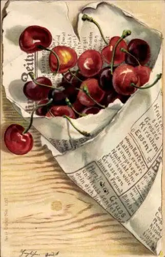 Präge Litho Stillleben, Kirschen, Zeitungspapier