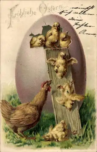 Präge Ak Frohe Ostern, Küken rutschen ein Holzbrett herunter, Huhn