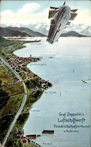 Ak Manzell Friedrichshafen am Bodensee, Zeppelin, Luftschiffwerft, Seemoos, Schloss, Langenargen
