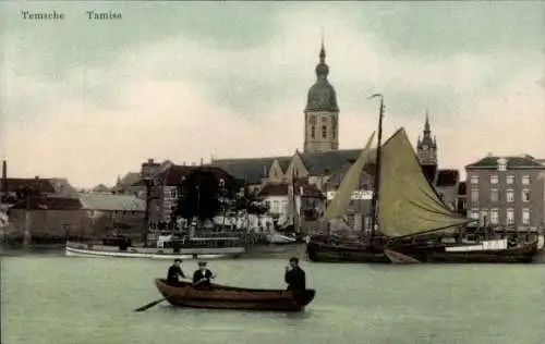 Ak Tamise Temse Temsche Ostflandern, Teilansicht, Hafen, Boote