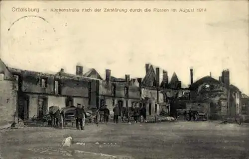 Ak Szczytno Ortelsburg Ostpreußen, Kirchenstraße, Kriegszerstörung August 1914, 1. WK