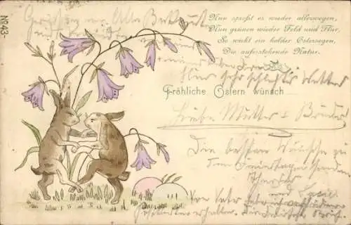Litho Frohe Ostern, Zwei Hasen tanzen unter einer Glockenblume