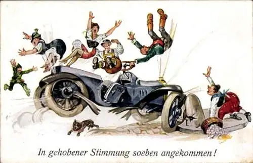 Ak In gehobener Stimmung soeben angekommen, Autounfall, Fahrgäste
