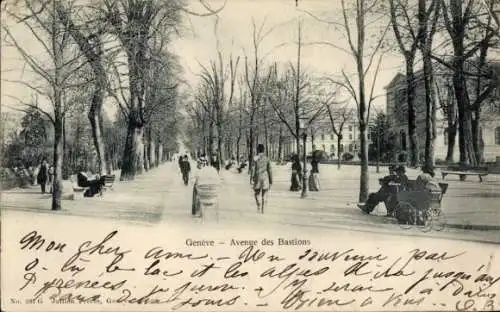 Ak Genève Genf Stadt Schweiz, Avenue des Bastions, Kinderwagen, Passanten