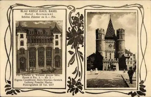 Ak Basel Stadt Schweiz, Blau Kreuz Haus, Hotel Restaurant, Petersgraben 23, Spatentor