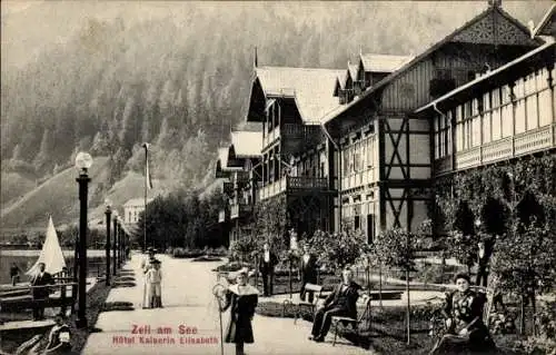 Ak Zell am See in Salzburg, Hôtel Kaiserin Elisabeth, Gebäude am See, Wanderer, Gemüsebeete