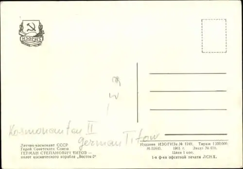 Ak Kosmonaut German Stepanowitsch Titow, Porträt