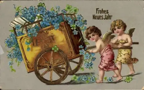 Präge Ak Fröhliches Neujahr, Engel, Handwagen mit Vergissmeinnicht