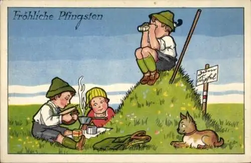 Ak Frohe Pfingsten, Kinder auf Rast bei einer Wanderung