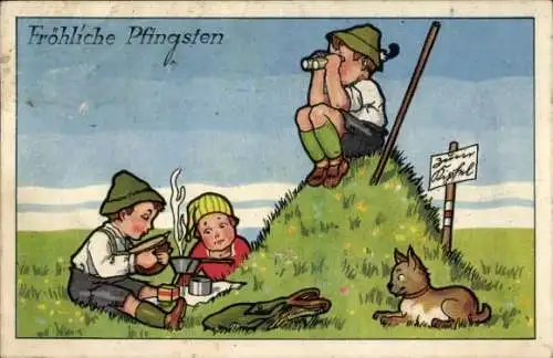 Ak Glückwunsch Pfingsten, Kinder machen Picknick, Hund
