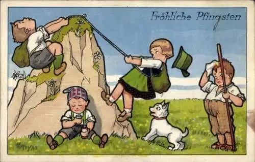 Ak Glückwunsch Pfingsten, Kinder beim Bergsteigen