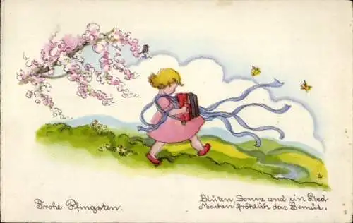Künstler Ak Frohe Pfingsten, Blüten, Sonne und ein Lied, Mädchen mit Akkordeon