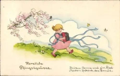 Künstler Ak Glückwunsch Pfingsten, Mädchen spielt ein Musikinstrument