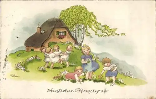Künstler Ak Glückwunsch Pfingsten, Kinder beim Spielen
