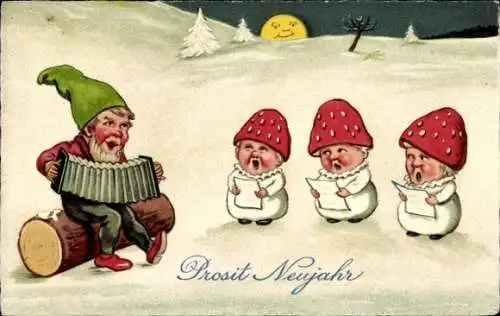 Ak Fröhliches Neujahr, Zwerg mit Ziehharmonika, singende Pilze