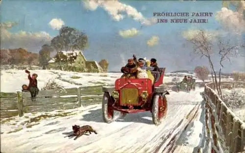 Ak Glückwunsch Neujahr, Autofahrt, Auto, Schnee, Winter, Hund