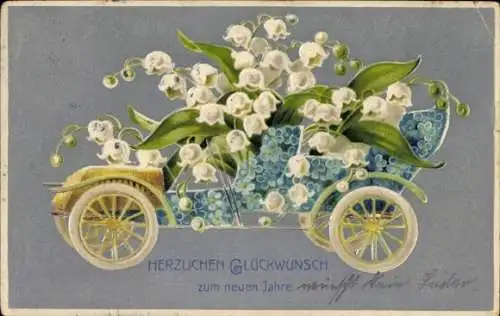 Präge Ak Glückwunsch Neujahr, Auto, Schneeglocken, Vergissmeinnicht