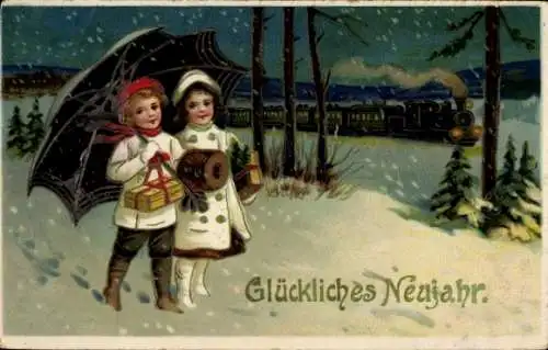 Litho Glückwunsch Neujahr, Kinder, Eisenbahn