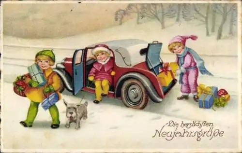 Ak Glückwunsch Neujahr, Auto, Kinder, Geschenke