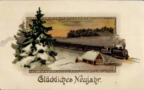 Glitzer Präge Passepartout Litho Glückwunsch Neujahr, Tannenbaum, Eisenbahn