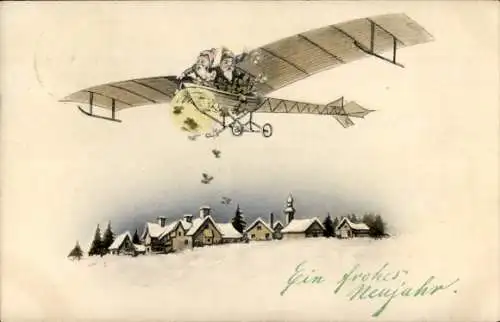 Ak Zwerge im Flugzeug, Blumen, Häuser