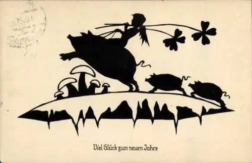 Scherenschnitt Ak Glückwunsch Neujahr, Kleeblatt, Mädchen, Schweine