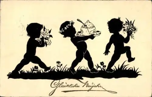 Scherenschnitt Ak Glückwunsch Neujahr, Kinder, Punsch