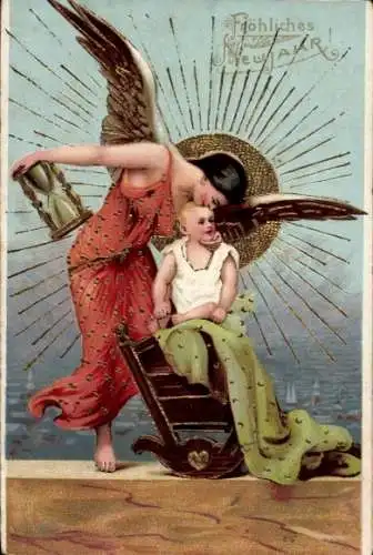 Glitzer Präge Ak Glückwunsch Neujahr, Engel, Sanduhr