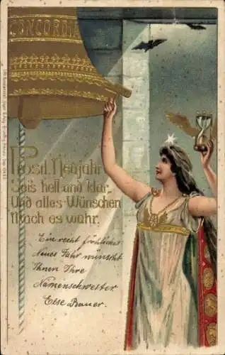 Glitzer Präge Ak Glückwunsch Neujahr, Glocke Concordia, Sanduhr