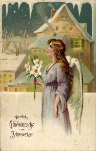 Ak Donnerschwee Oldenburg in Oldenburg, Engel mit Blumen in den Händen, verschneite Häuser im ...
