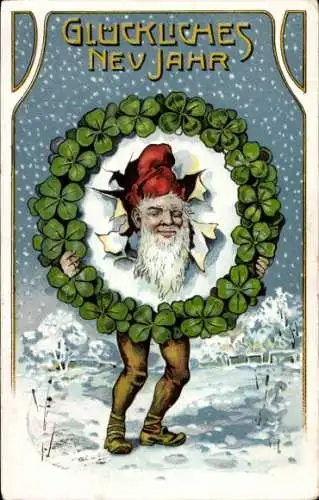 Litho Glückwunsch Neujahr, Zwerg, Kleekranz