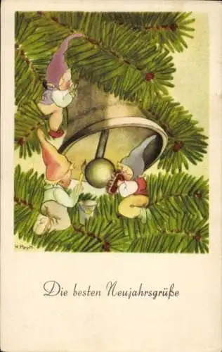 Künstler Ak Glückwunsch Neujahr, Zwerge, Glocke
