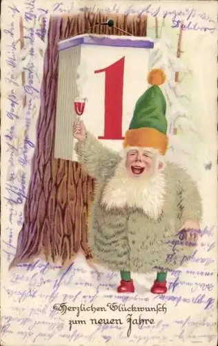 Litho Glückwunsch Neujahr, Zwerg, Kalender