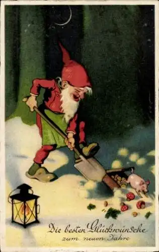 Litho Glückwunsch Neujahr, Zwerg mit Schaufel, Schweinchen