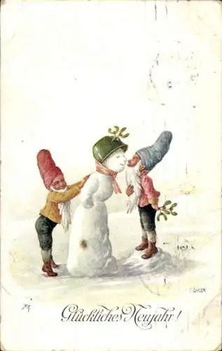 Künstler Ak Glückwunsch Neujahr, Zwerge, Schneemann
