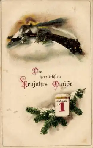 Ak Glückwunsch Neujahr, Dorfidyll, Eisenbahn, Kalender