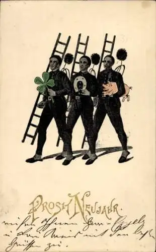 Ak Fröhliches Neujahr, drei Schornsteinfeger, Kleeblatt, Hufeisen, Schwein