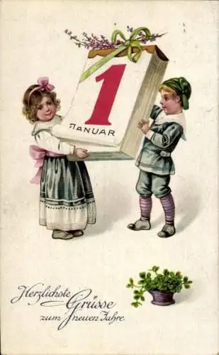 Ak Fröhliches Neujahr, Kinder mit Kalender, Kleeblätter